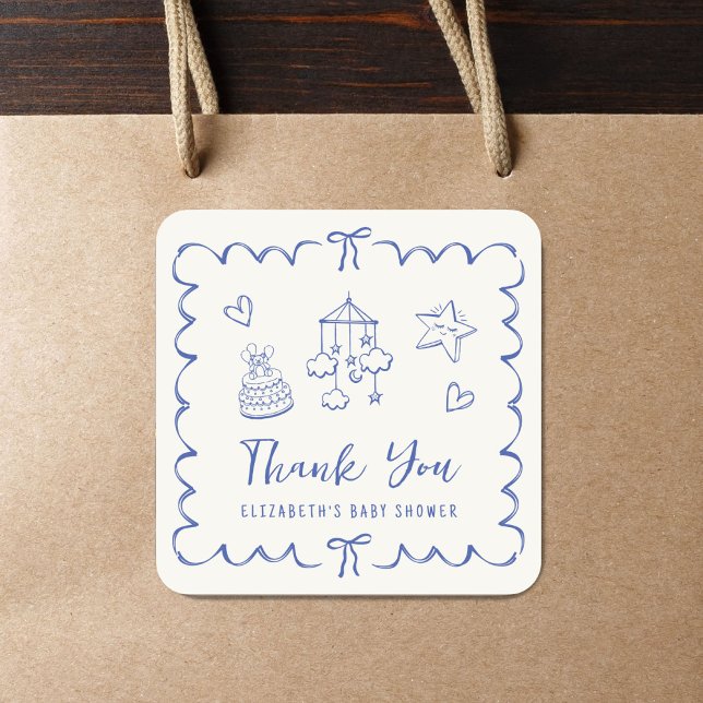Whimsical Wavy Frame Baby Boy Shower Thank You Square Sticker (Creator Uploaded)