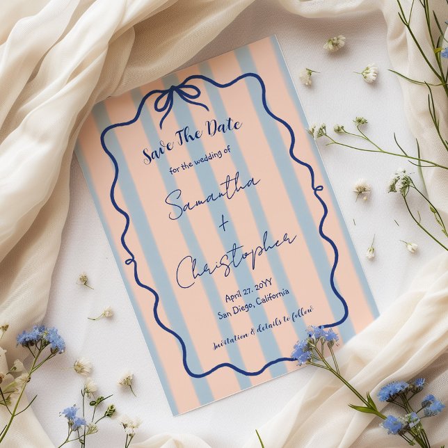 Whimsical Wavy Frame Blue Bow Retro Stripe Wedding Save The Date (Creator Uploaded)