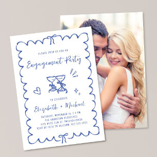 Whimsical Wavy Frame Blue Photo Engagement Party Invitation