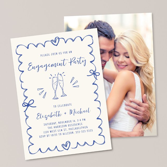 Whimsical Wavy Frame Blue Photo Engagement Party Invitation (Creator Uploaded)