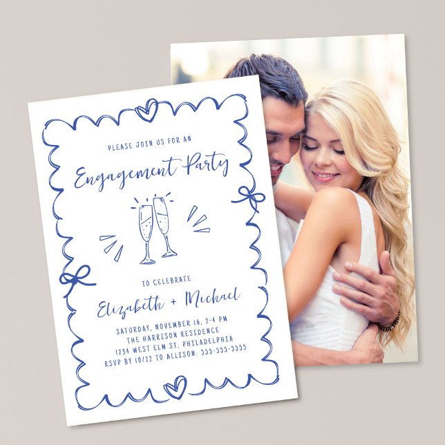 Whimsical Wavy Frame Blue Photo Engagement Party Invitation (Creator Uploaded)