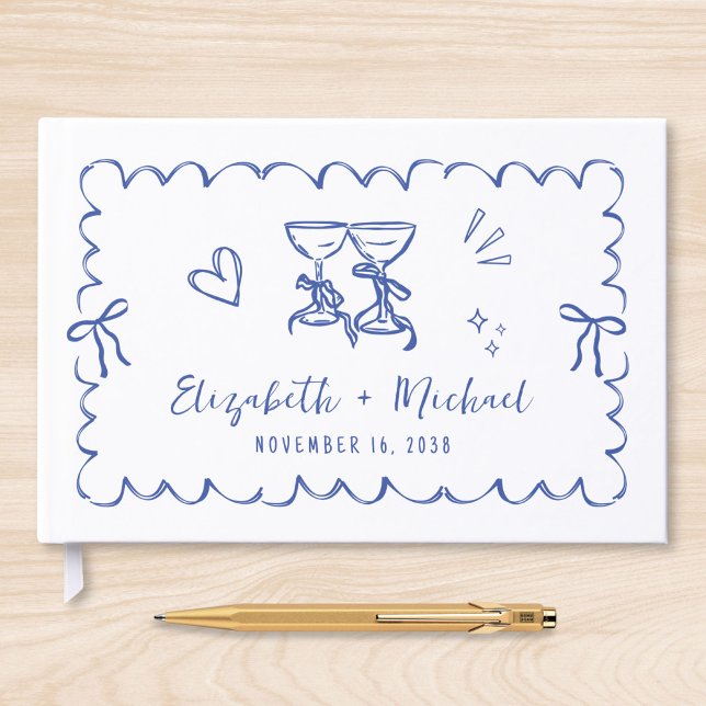 Whimsical Wavy Frame Hand Drawn Blue Wedding Guest Book (Creator Uploaded)