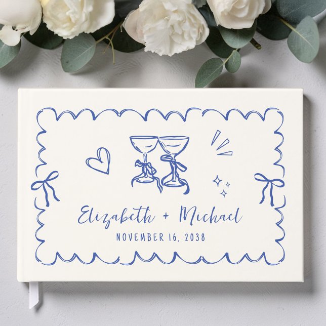 Whimsical Wavy Frame Hand Drawn Cream Blue Wedding Guest Book (Whimsical Wavy Frame Hand Drawn Cream Blue Wedding Guest Book)