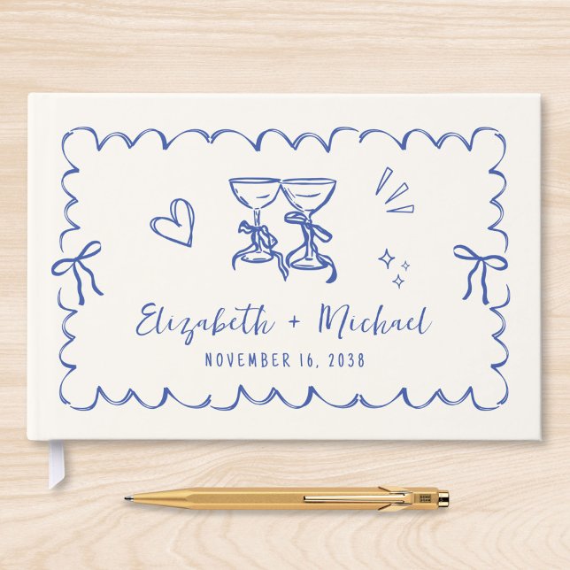 Whimsical Wavy Frame Hand Drawn Cream Blue Wedding Guest Book (Creator Uploaded)