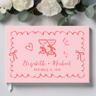 Whimsical Wavy Frame Hand Drawn Pink Red Wedding Guest Book