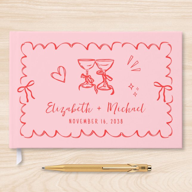 Whimsical Wavy Frame Hand Drawn Pink Red Wedding Guest Book (Creator Uploaded)