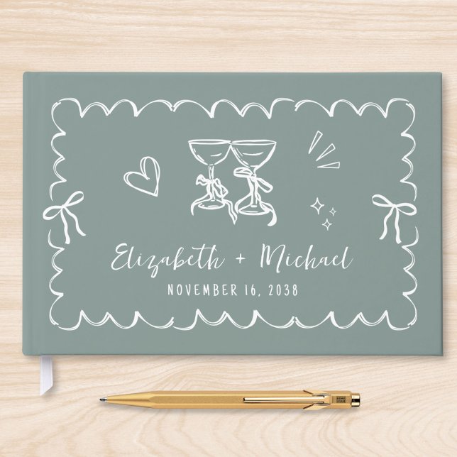 Whimsical Wavy Frame Hand Drawn Sage Green Wedding Guest Book (Creator Uploaded)