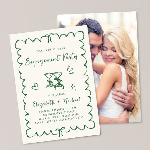 Whimsical Wavy Frame Photo Green Engagement Party Invitation
