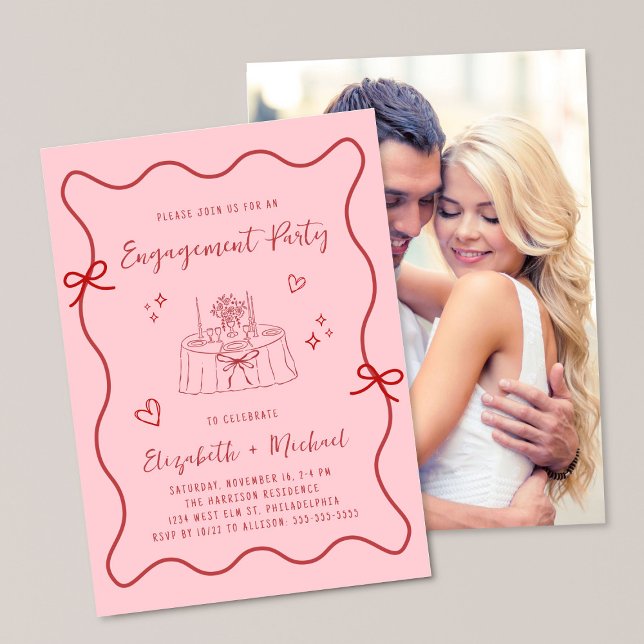 Whimsical Wavy Frame Pink Photo Engagement Party Invitation (Creator Uploaded)