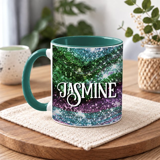 Whimsical wavy green pink Glitter monogram Mug (Creator Uploaded)