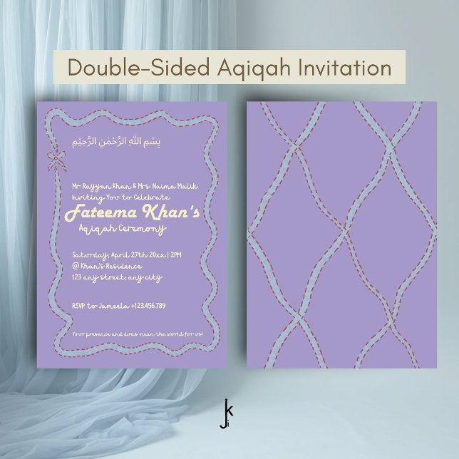 Whimsical Wavy of Light Purple Soft Blue Aqiqah Invitation (Creator Uploaded)