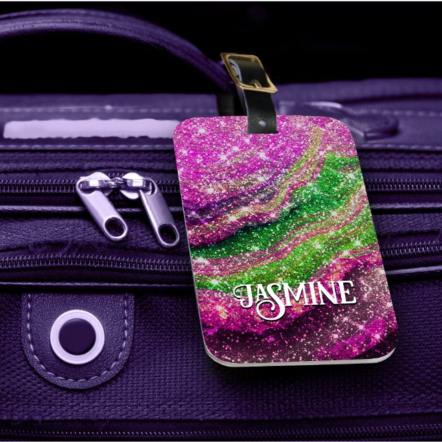 Whimsical wavy pink green Glitter monogram Luggage Tag (Creator Uploaded)