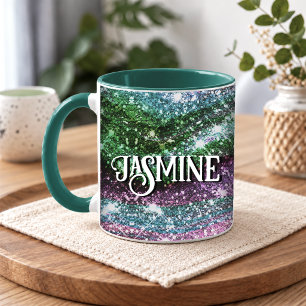 Whimsical wavy pink green Glitter monogram Mug