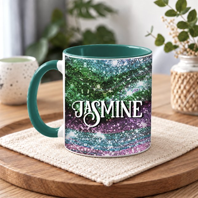 Whimsical wavy pink green Glitter monogram Mug (Creator Uploaded)