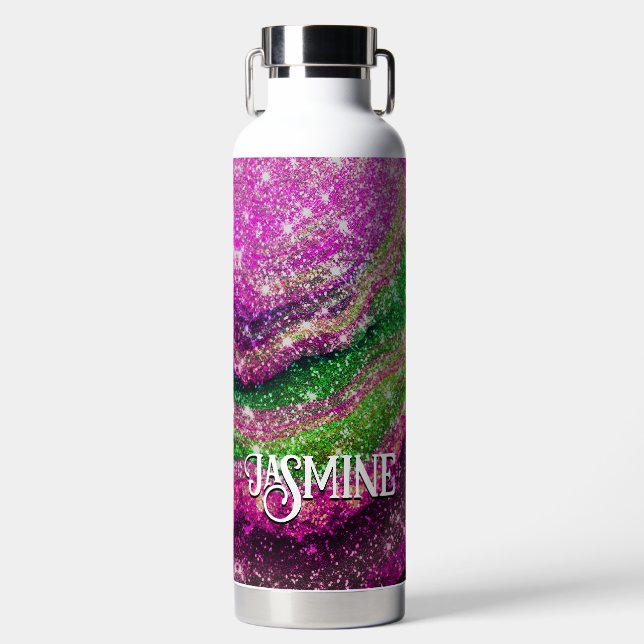 Whimsical wavy pink green Glitter monogram Water Bottle (Front)