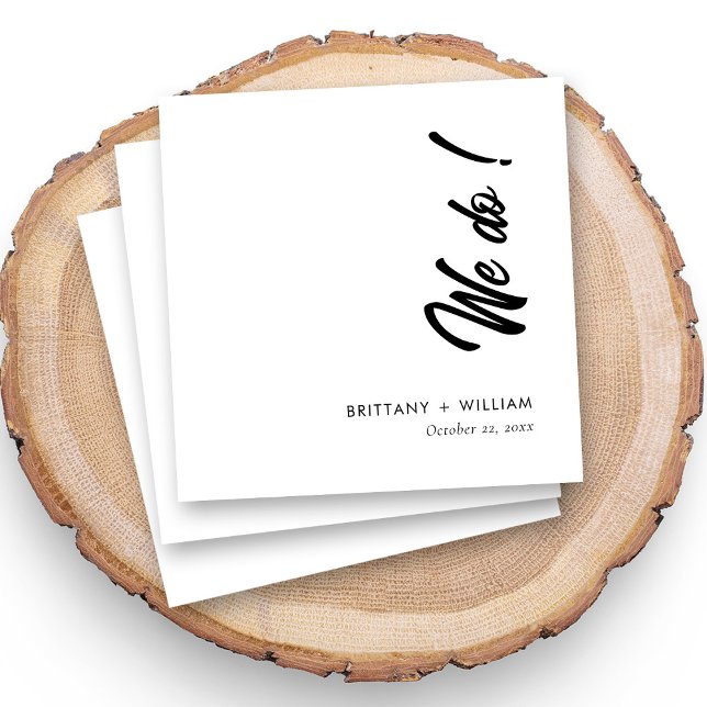 Whimsical We Do Script Wedding Napkin (Personalized wedding napkins with whimsical "We Do!" script and couple names, white background)