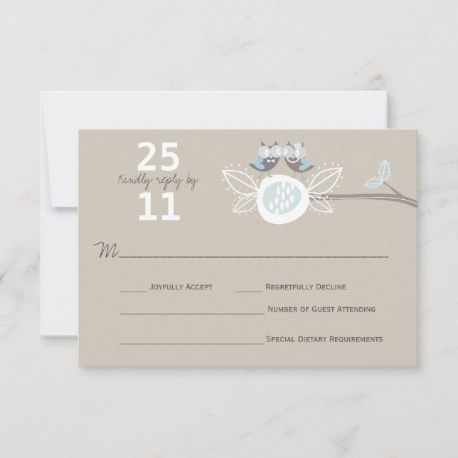 Whimsical Wedding Brown Owls On Branch RSVP Card (Front)