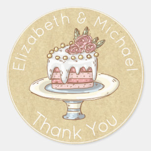 Whimsical Wedding Cake Thank You Favour Kraft Look Classic Round Sticker