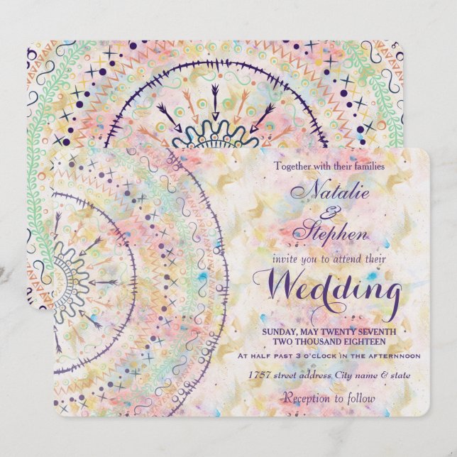 Whimsical wedding collection doddles mandala invitation (Front/Back)