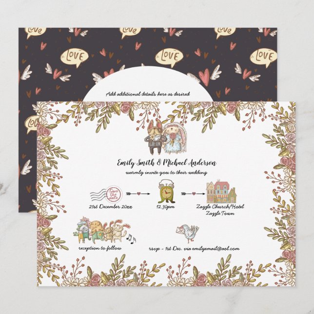 Whimsical Wedding Doodles Handwritten Timeline Invitation (Front/Back)