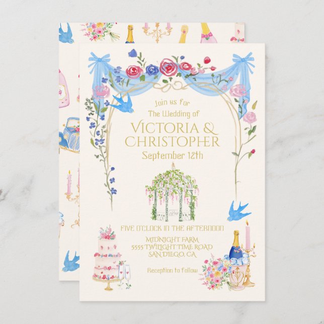 Whimsical Wedding French Floral Gazebo Invitation (Front/Back)