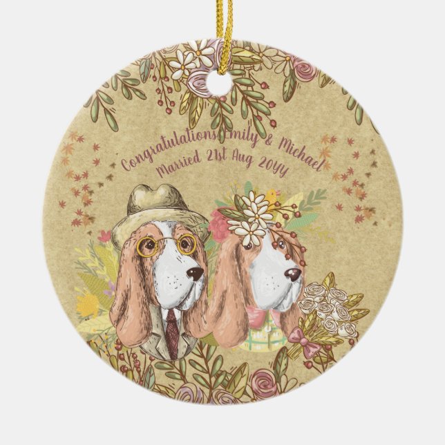 Whimsical Wedding Gift Basset Hound Bride Groom Ceramic Tree Decoration (Front)