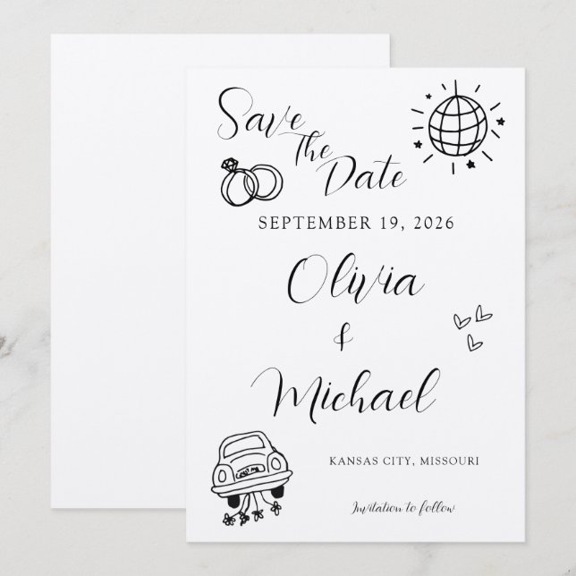 Whimsical Wedding Invitation with Playful Icons (Front/Back)