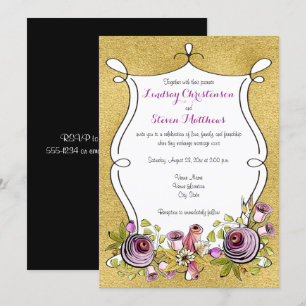 Whimsical Wedding Invite   FAUX Gold Foil, Flowers