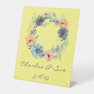 Whimsical Wedding Pedestal Sign with Floral Wreath