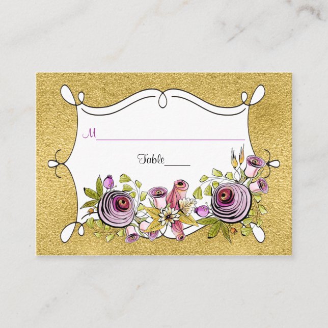 Whimsical Wedding Place Card | FAUX Gold Foil (Front)