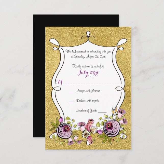 Whimsical Wedding RSVP | FAUX Gold Foil, Flowers Invitation (Front/Back)