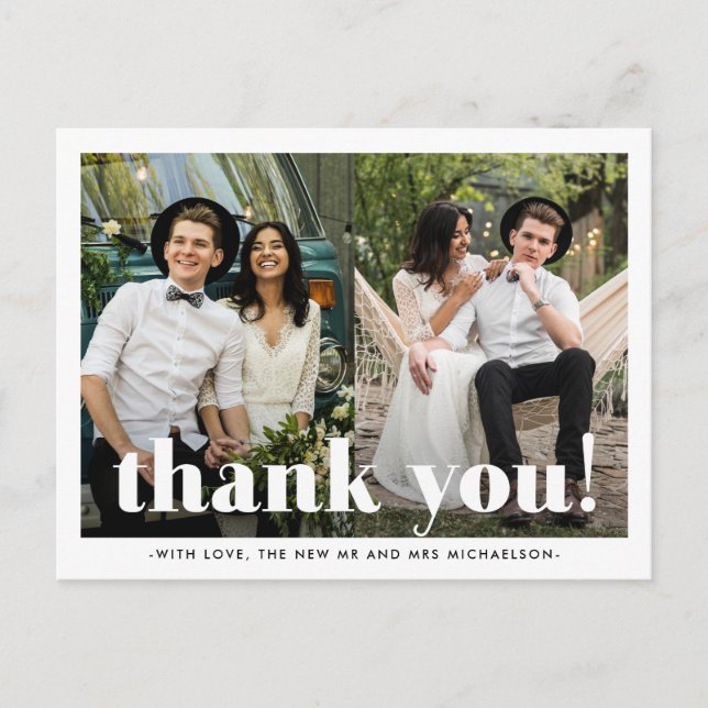 Whimsical Wedding Thank You Typography Two Photo Postcard (Front)