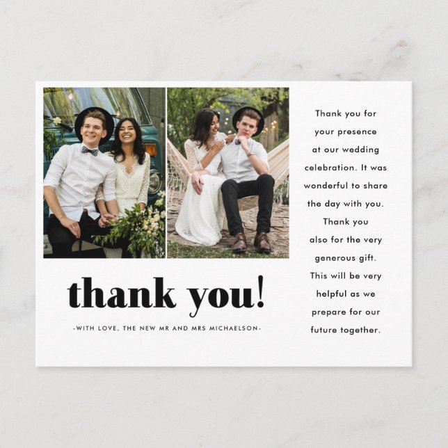 Whimsical Wedding Thank You Typography Two Photo Postcard (Front)