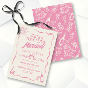 Whimsical wedding wavy frame bow pink invitation