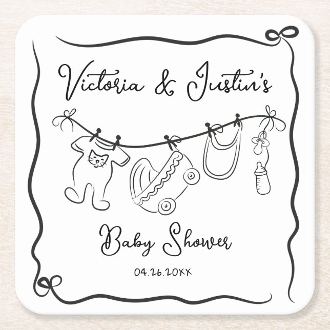 Whimsical Welcome Baby Shower Clothesline Square Paper Coaster (Front)
