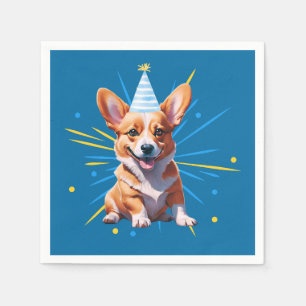 Whimsical Welsh Corgi In A Birthday Party Hat Napkin