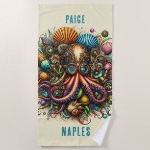 WHIMSICAL WHACKY FUNKY STEAMPUNK PINK OCTOPUS BEACH TOWEL
