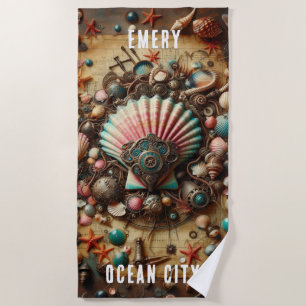 WHIMSICAL WHACKY STEAMPUNK SCALLOP SHELL BEACH TOWEL