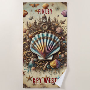 WHIMSICAL WHACKY STEAMPUNK SCALLOP SHELL - TAN BEACH TOWEL