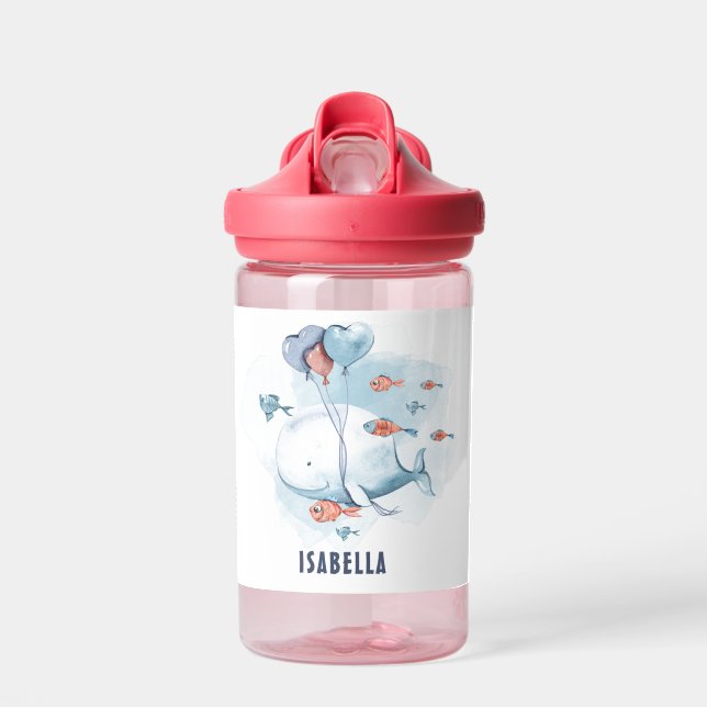 Whimsical Whale and Fishes Kids Water Bottle (Front)