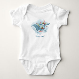 Whimsical Whale Illustration, Fish & Lighthouse Baby Bodysuit