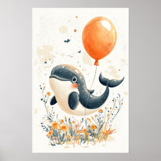 Whimsical Whale Illustration with Orange Balloon A Poster