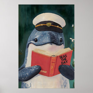 Whimsical Whale Reading 'Seas the Day' Art Print