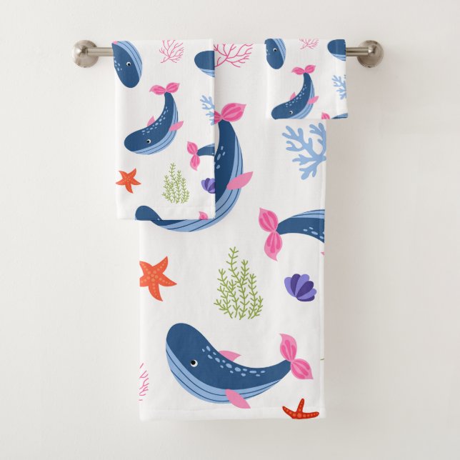 Whimsical Whales and Coral Seamless Pattern Bath Towel Set (Insitu)