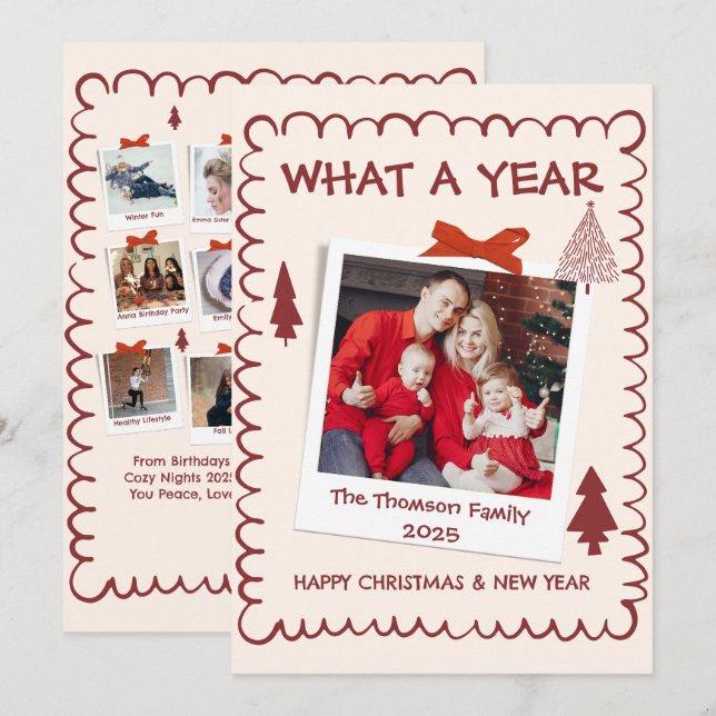 Whimsical What A Year Multi Photo Christmas Red Card (Front/Back)