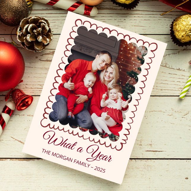 Whimsical What A Year Photo Collage Christmas Holiday Card (whimsical christmas cards hand drawn xmas trendy doodle festive  red and green photo collage pink )