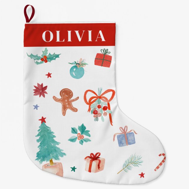 Whimsical whimsical Christmas pale colours Large Christmas Stocking (Front)