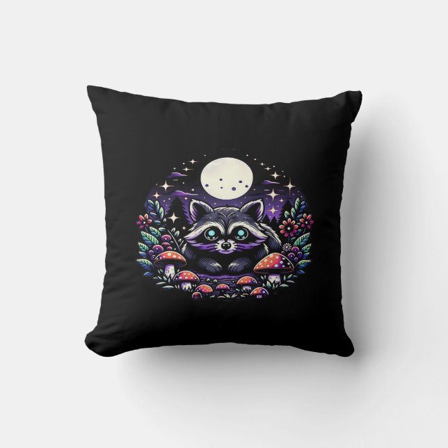Whimsical Whimsigoth Racoon Under Moonlight Vinta Cushion (Front)