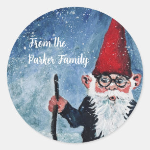 Whimsical Whistling Christmas Gnome no photo Classic Round Sticker
