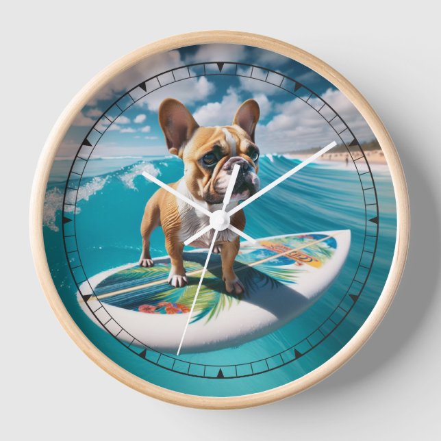 Whimsical White and Tan Surfing French Bulldog Clock (Front)